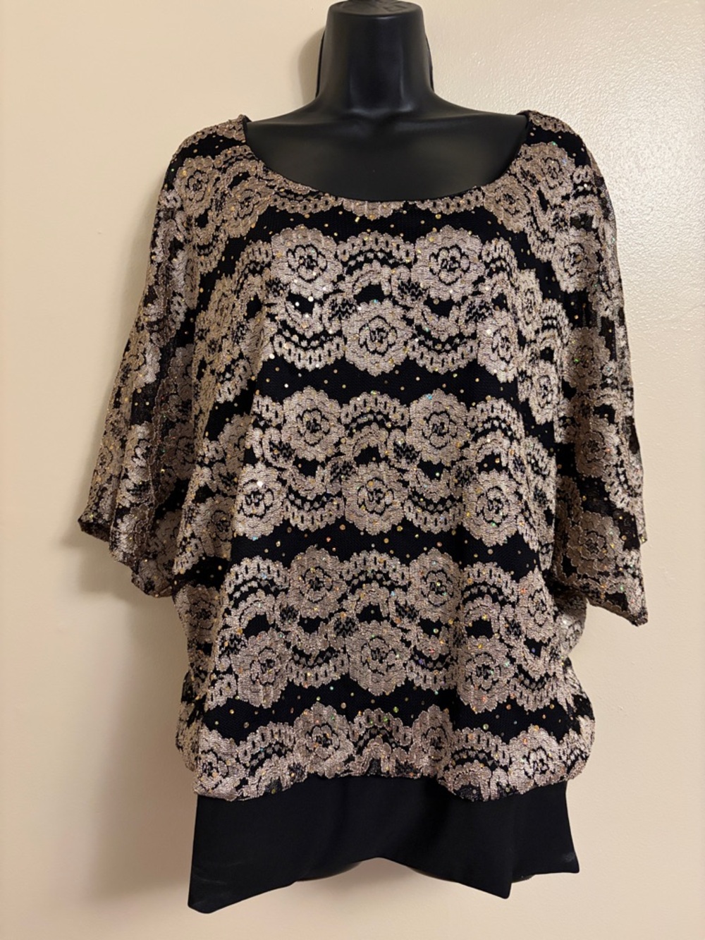dressbarn Black Top with Gold Sequin Lace Pattern - Short Sleeve
